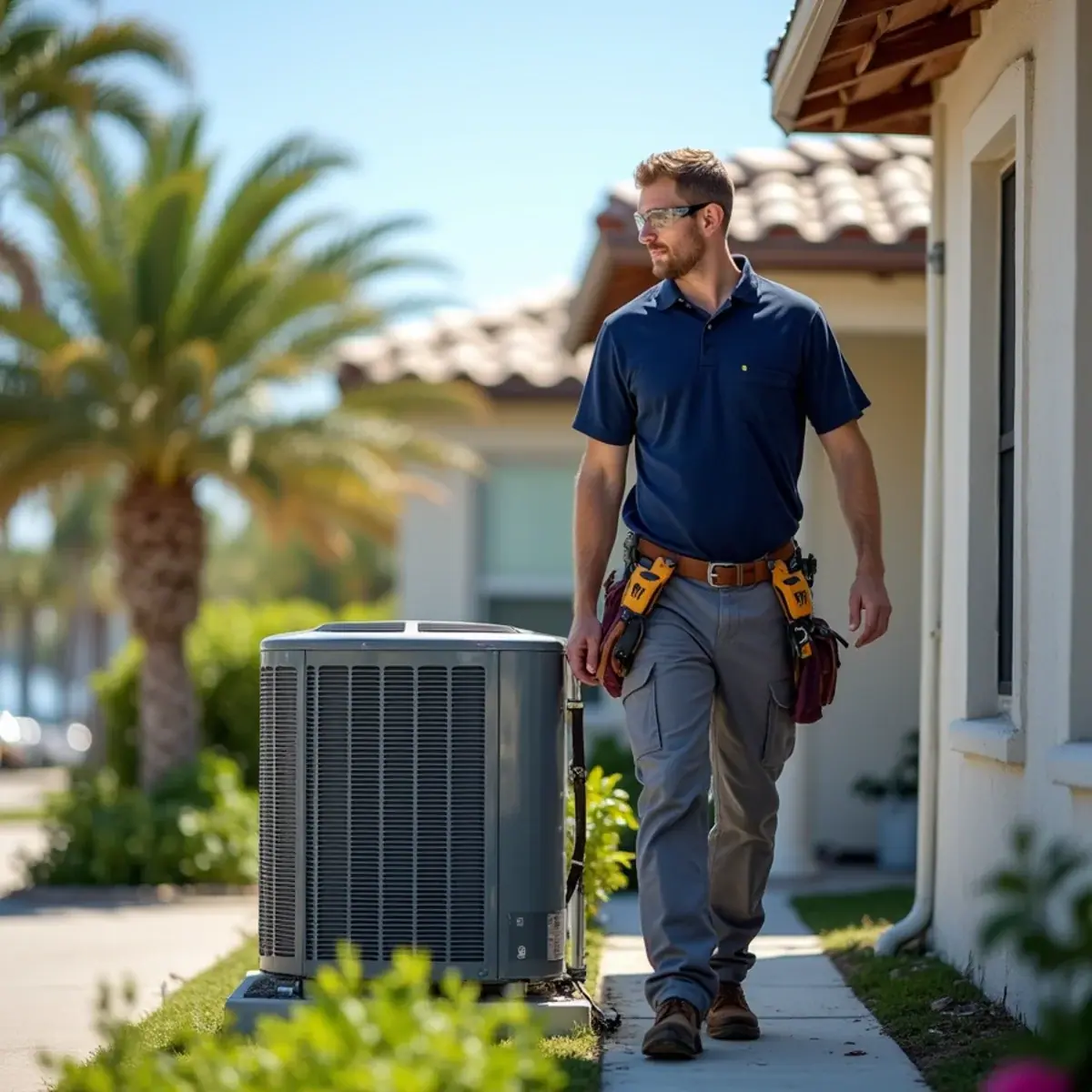 HVAC technician servicing an air conditioner at a home in Siesta Key, FL