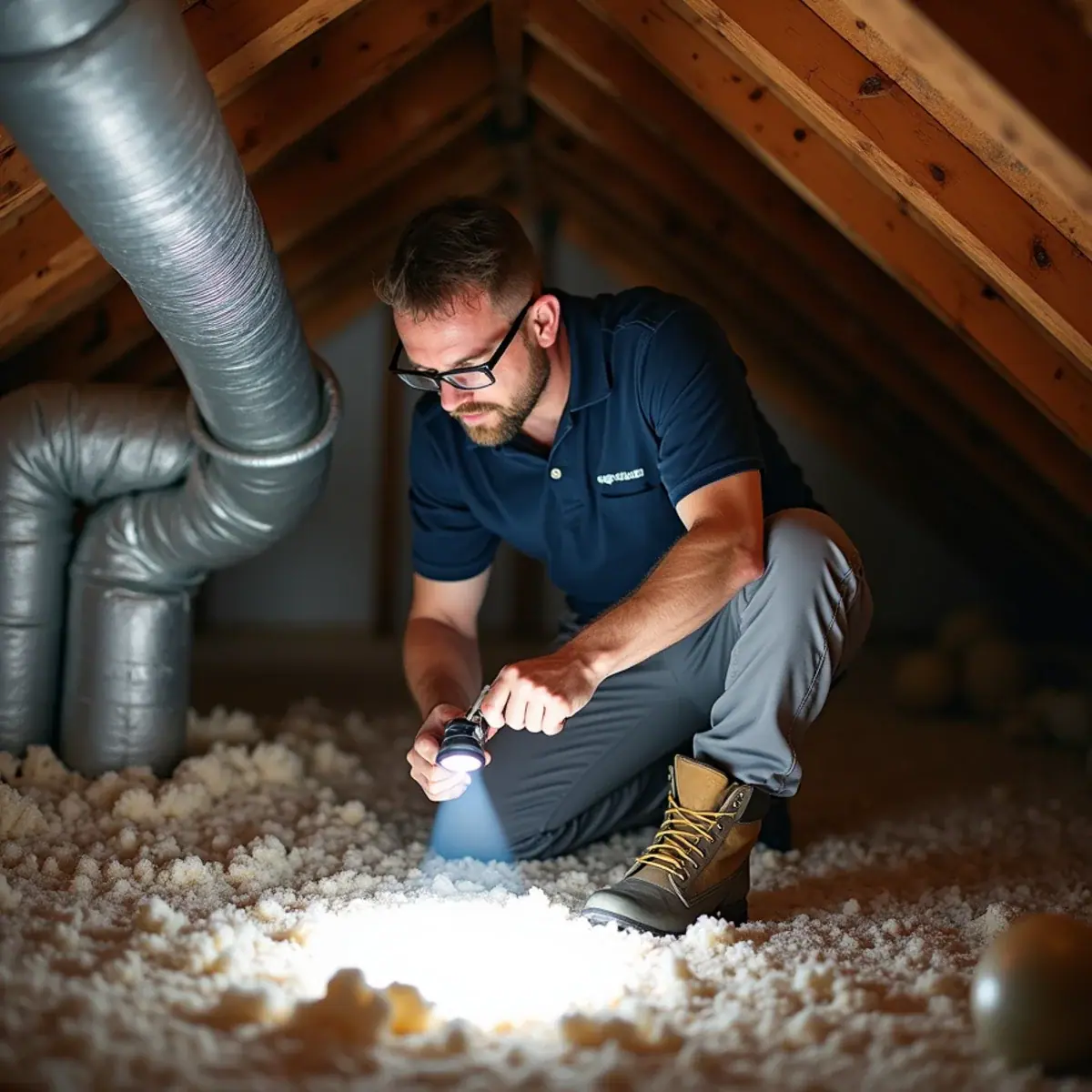 Technician inspecting original attic ductwork in a block home in Solana, FL