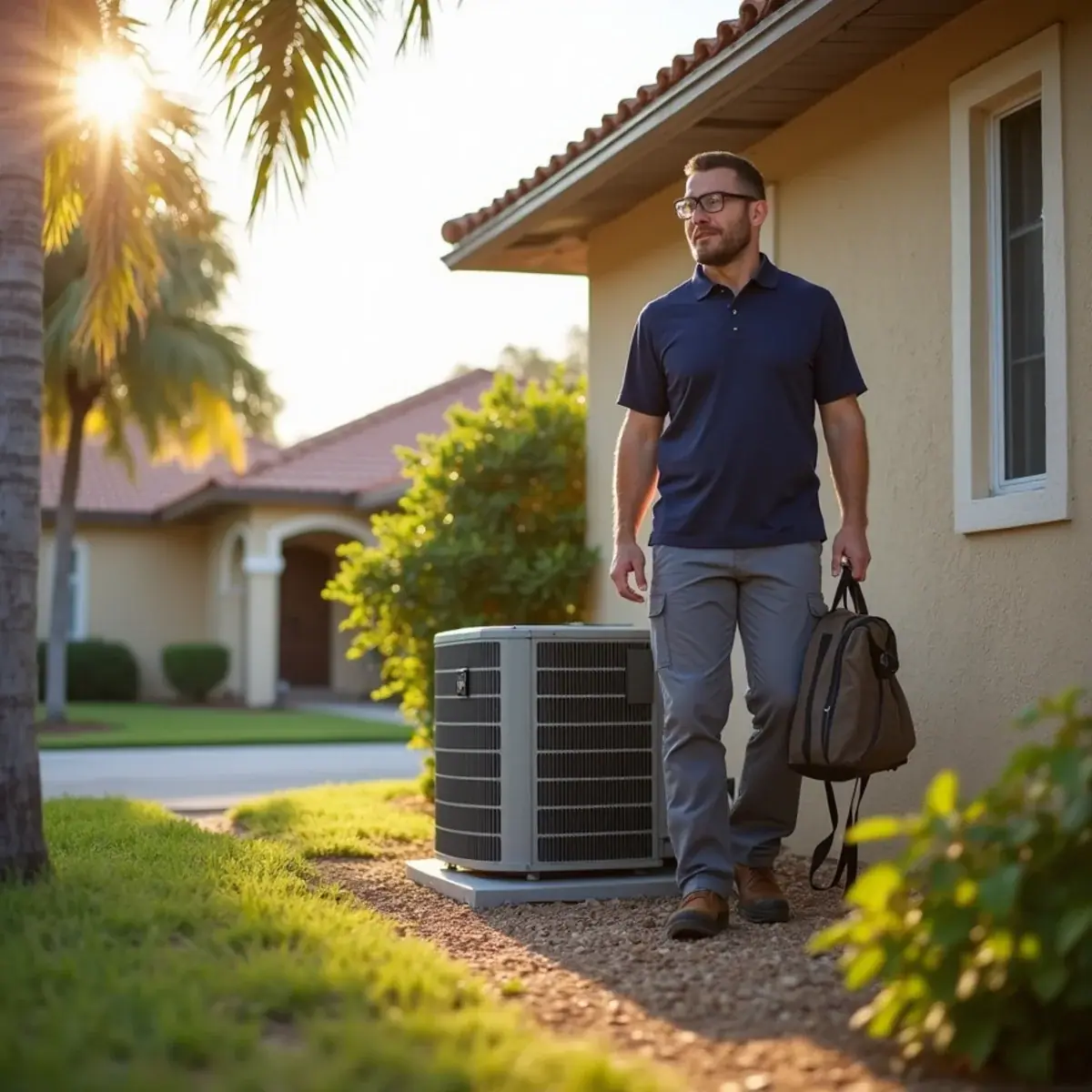 HVAC technician servicing an air conditioner at a home in South Bradenton, FL