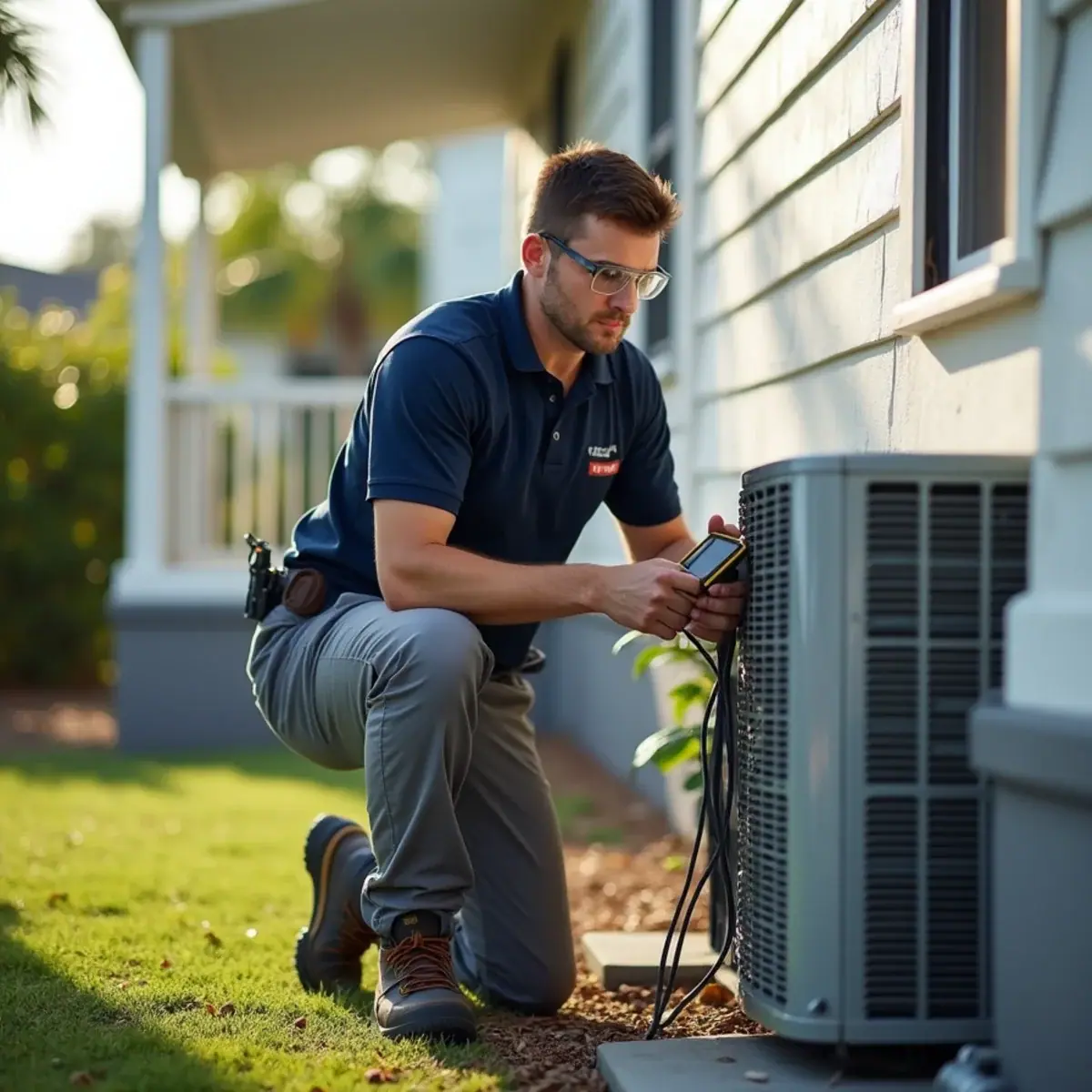 Technician servicing a package AC unit at a manufactured home in South Gate Ridge, FL
