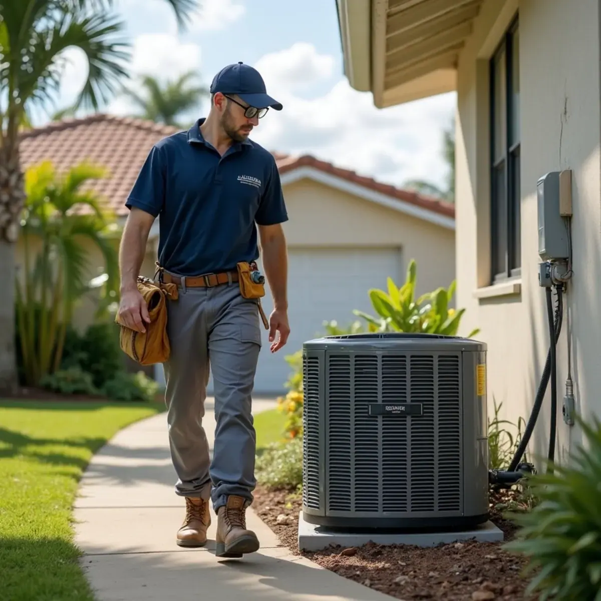 HVAC technician servicing an air conditioner at a home in South Gate Ridge, FL