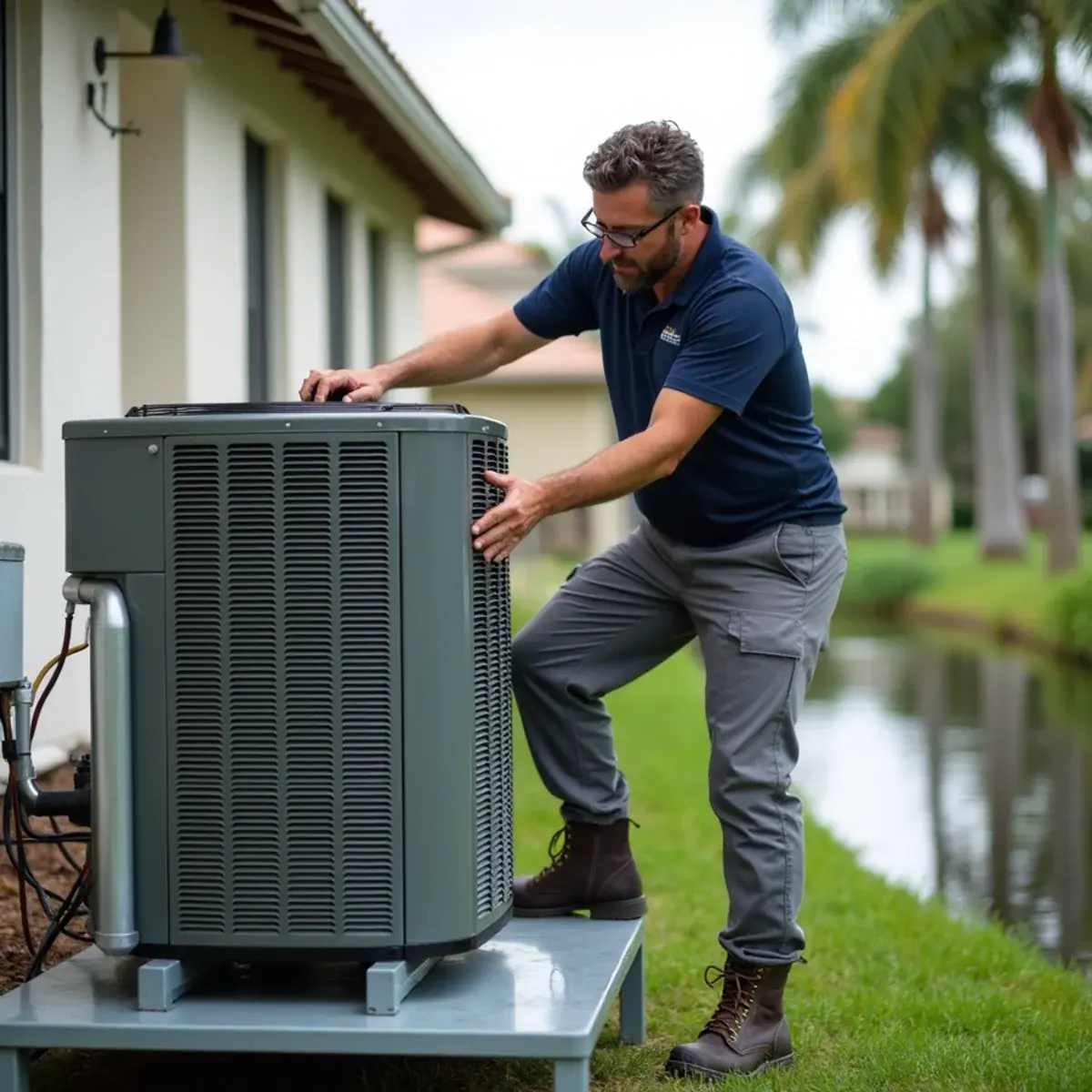 AC condenser on an elevated hurricane-rated stand at a home in South Venice, FL