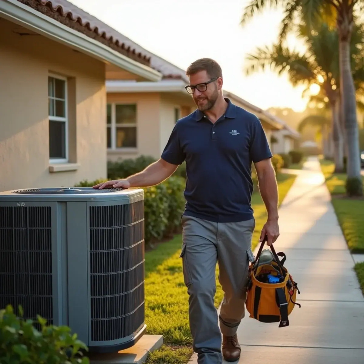 HVAC technician servicing an air conditioner at a home in South Venice, FL
