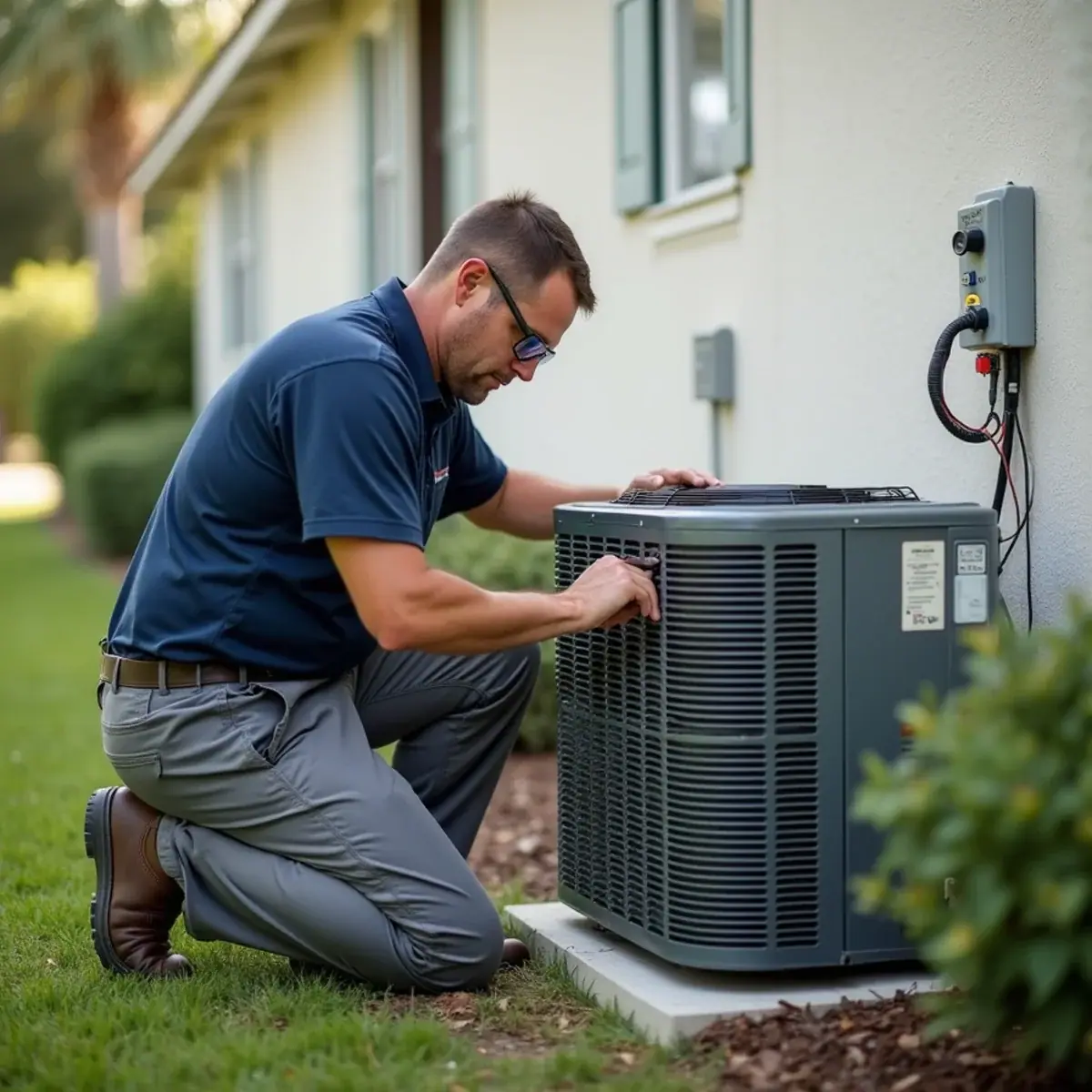 Technician servicing a package AC unit at a manufactured home in Southeast Arcadia, FL