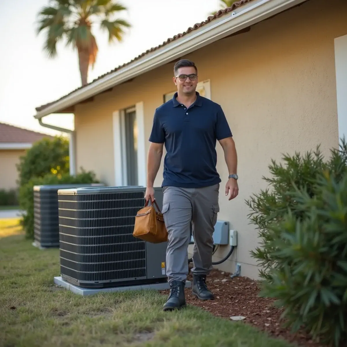 HVAC technician servicing an air conditioner at a home in Southeast Arcadia, FL
