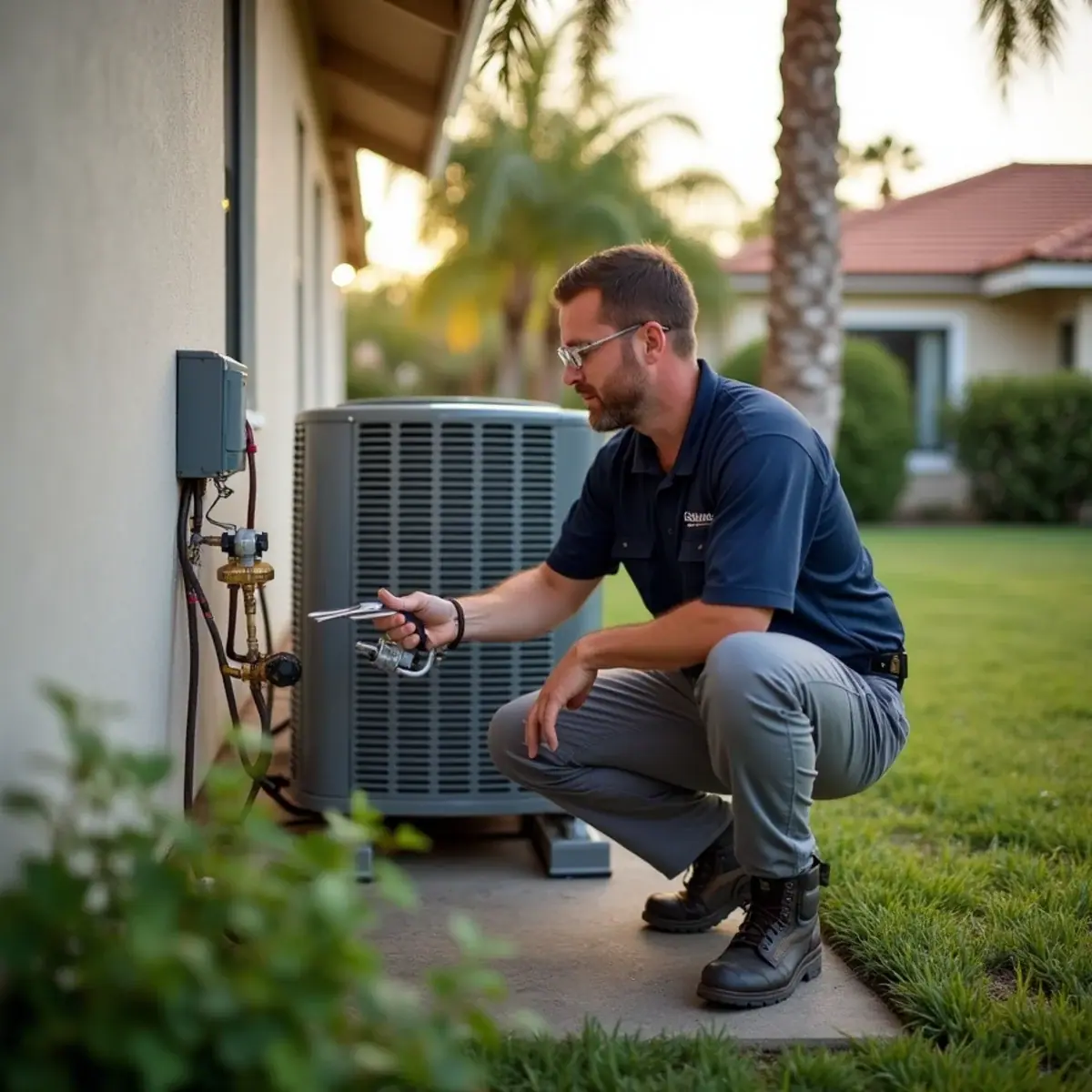Technician servicing an outdoor AC unit at a home in Sun City Center, FL