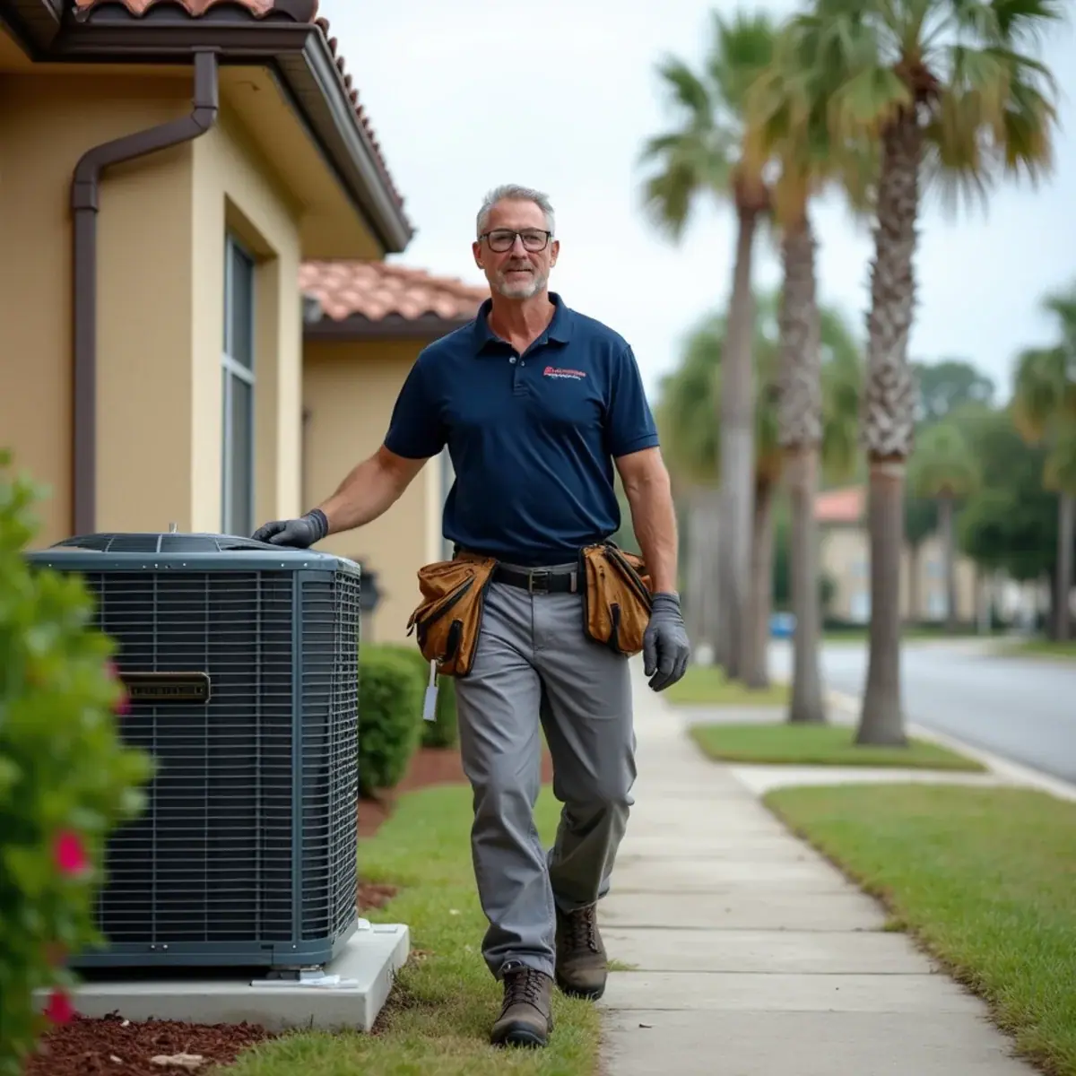 HVAC technician servicing an air conditioner at a home in Sun City Center, FL