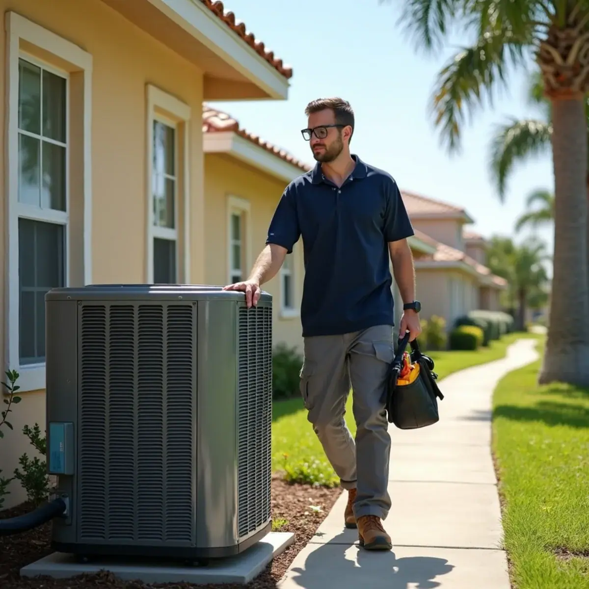 HVAC technician servicing an air conditioner at a home in The Meadows, FL
