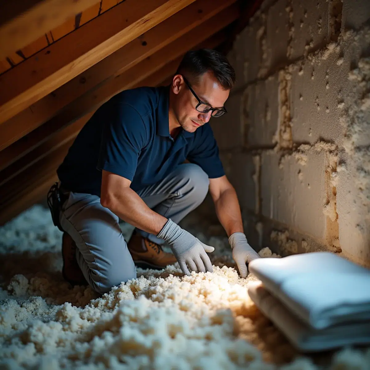Technician inspecting original attic ductwork in a block home in Venice Gardens, FL