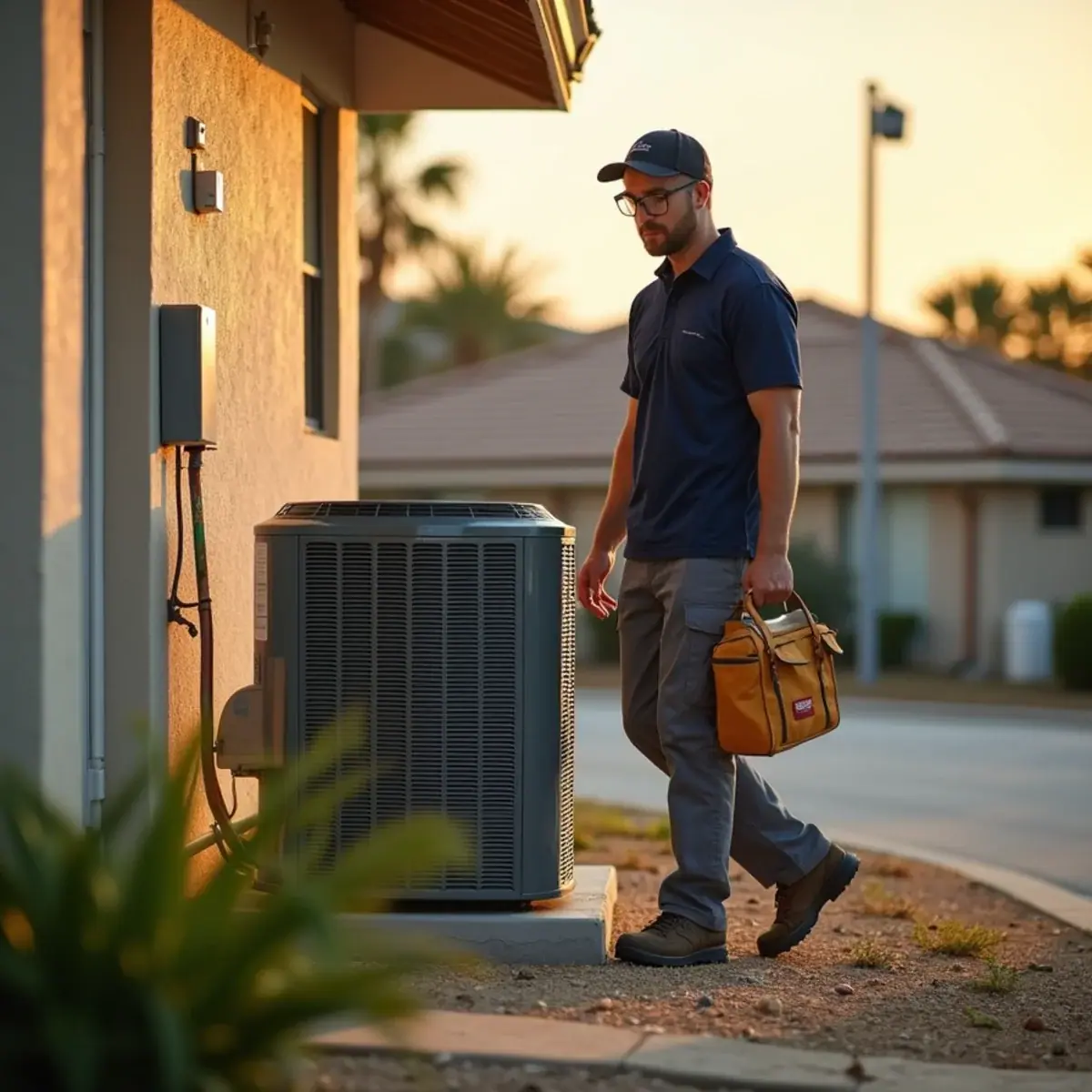 HVAC technician servicing an air conditioner at a home in Warm Mineral Springs, FL