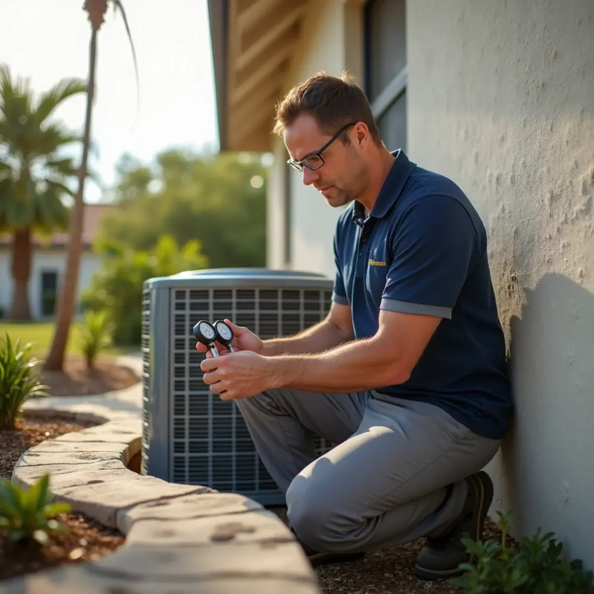 Technician servicing an outdoor AC unit at a home in Wauchula, FL