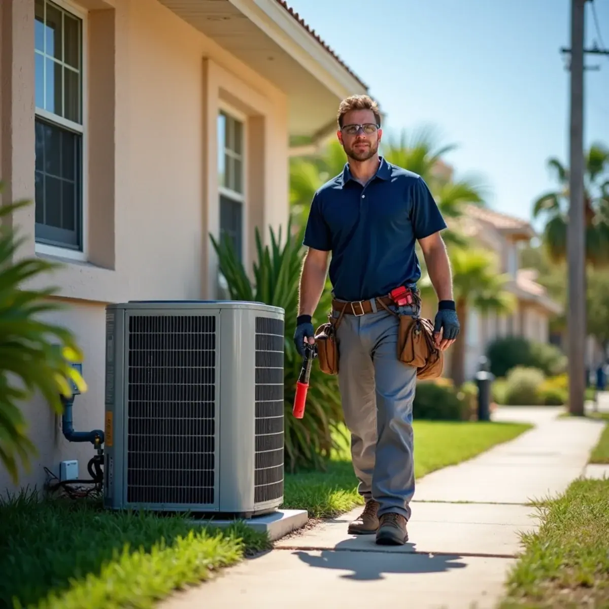 HVAC technician servicing an air conditioner at a home in Wauchula, FL