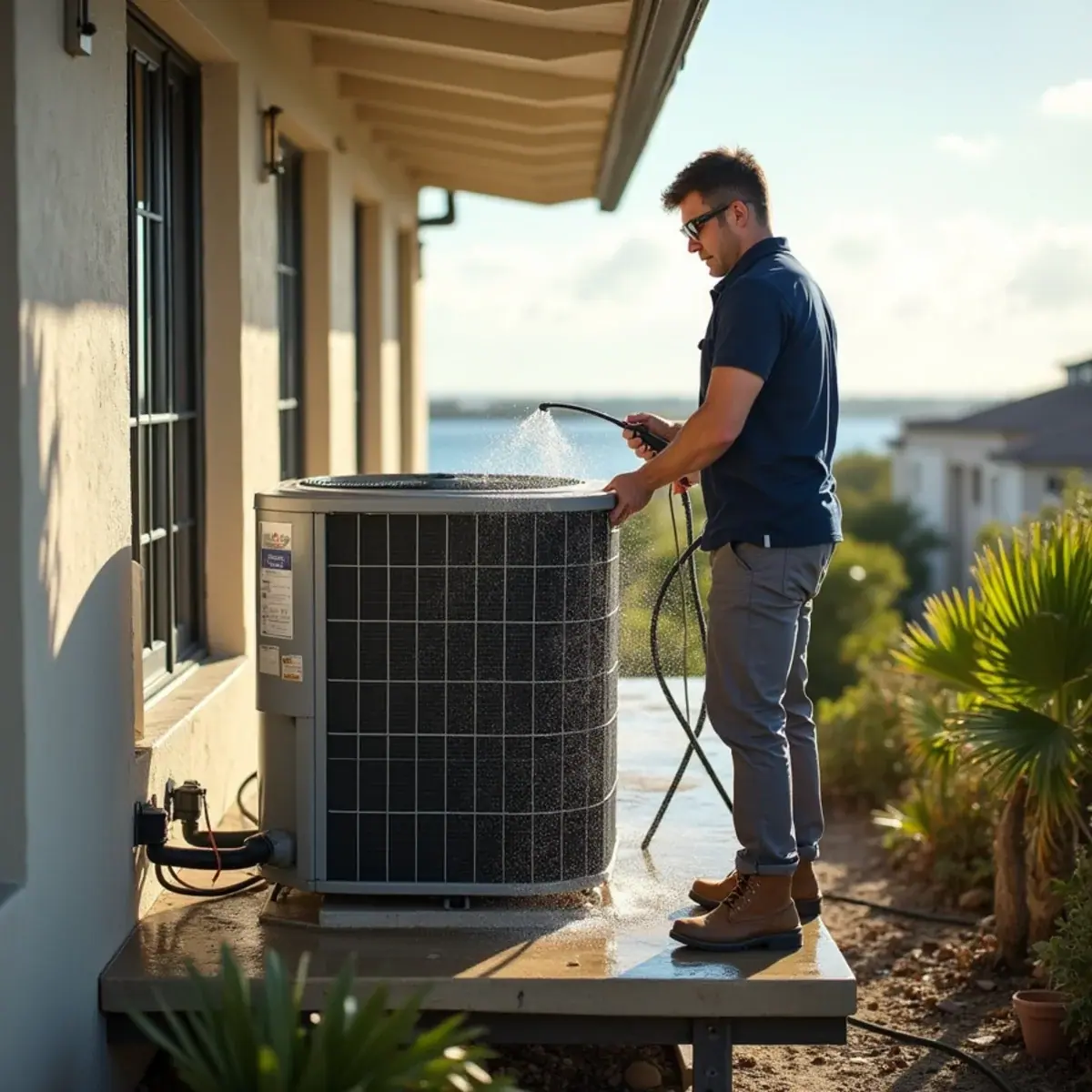 Coastal AC condenser on an elevated platform at a home in West Bradenton, FL