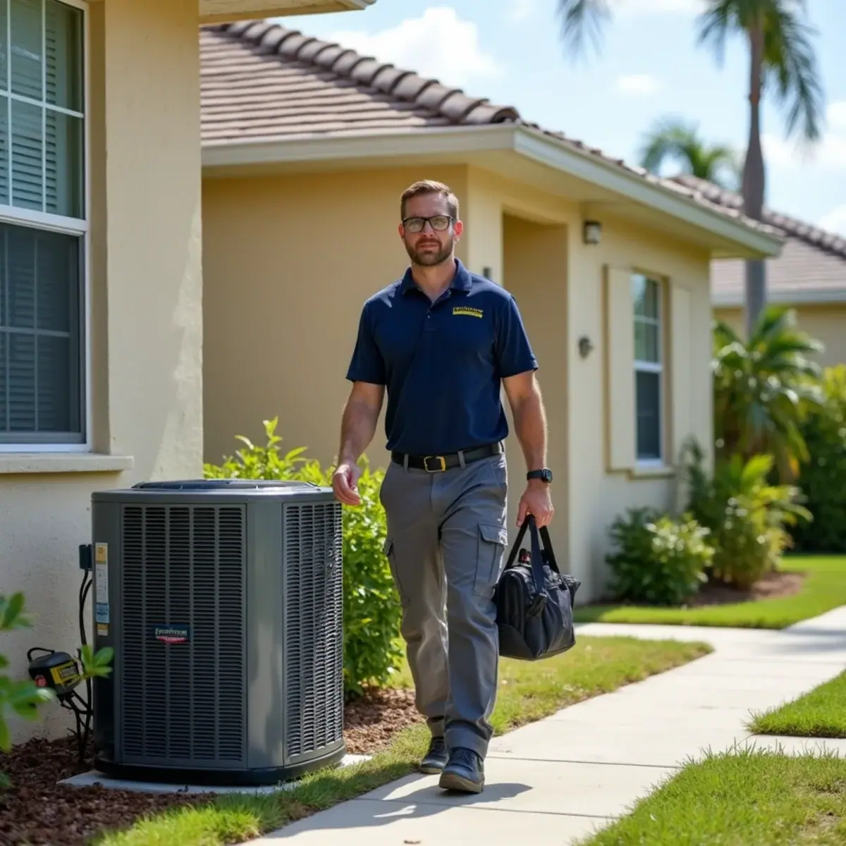 HVAC technician servicing an air conditioner at a home in West Bradenton, FL