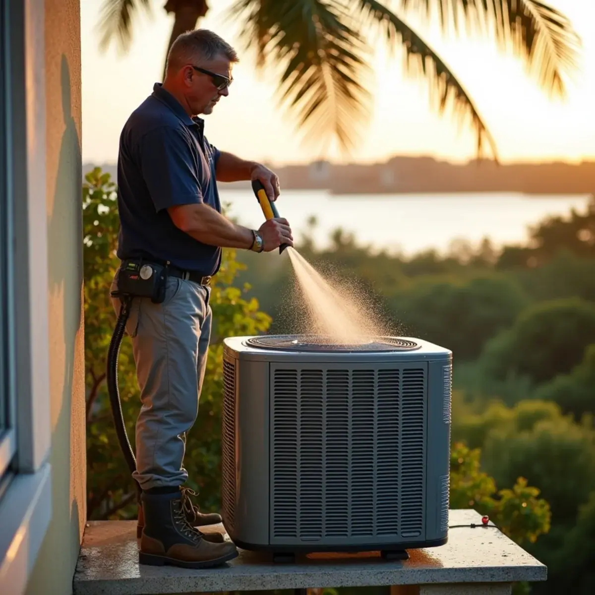 Coastal AC condenser on an elevated platform at a home in Whitfield, FL