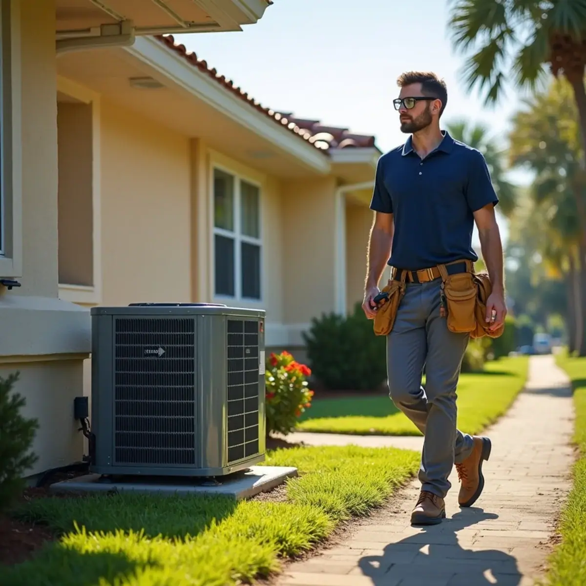 HVAC technician servicing an air conditioner at a home in Whitfield, FL