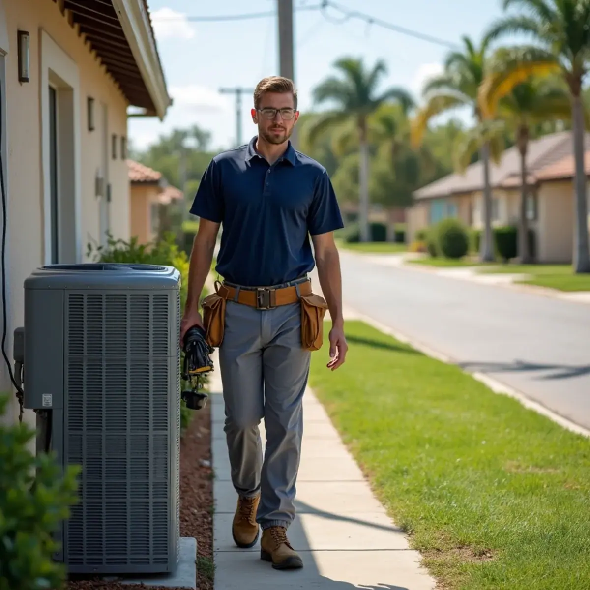 HVAC technician servicing an air conditioner at a home in Wimauma, FL